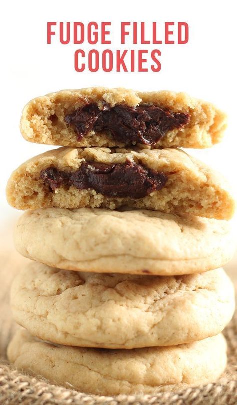 Fudge Filled Cookies are ultra soft and tender brown sugar cream cheese cookies with a secret rich chocolate fudge filling inside. As tasty as they are fun! #fudgefilled #dessert #cookierecipes #bestcookie #fudge #cookie #fudgefilledcookie Fudge Filled Chocolate Chip Cookies, Fudge Stuffed Cookies, Fudge Filled Cookies, Chocolate Stuffed Cookies, Chocolate Fudge Filling, Stuffed Cookies, Handle The Heat, Cheese Cookies, Cream Cheese Cookies