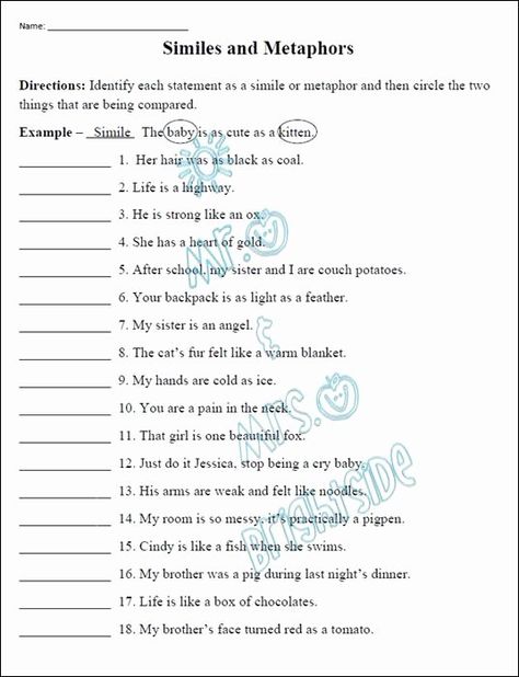 Simile Lesson, Metaphor Worksheet, Writing Metaphors, Metaphor Activities, Simile Worksheet, Figurative Language Lessons, Sensory Words, Figurative Language Activity, Figurative Language Worksheet