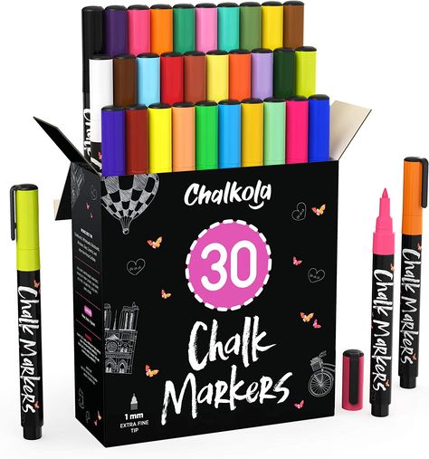 Extra Fine Tip Liquid Chalk Markers (30 Pack 1mm) Pastel + Neon Chalk Pens - Erasable Dry Erase Marker for Chalkboard, Blackboards, Window, Bistro Led Writing Board, Window Markers, Chalkboard Markers, Neon Pastel, Paint Marker Pen, Liquid Chalk Markers, Chalkboard Labels, Chalk Pens, Liquid Chalk