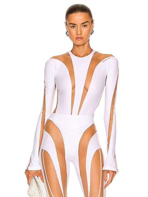 Mugler for FWRD Sheer Tulle Bodysuit in White & Nude | FWRD White Catsuit, Mesh Long Sleeve Bodycon Dress, Tulle Bodysuit, Dreamy Wedding Dress, White Bodysuit, Topshop Outfit, Mesh Long Sleeve, Cut Out Design, Catsuit