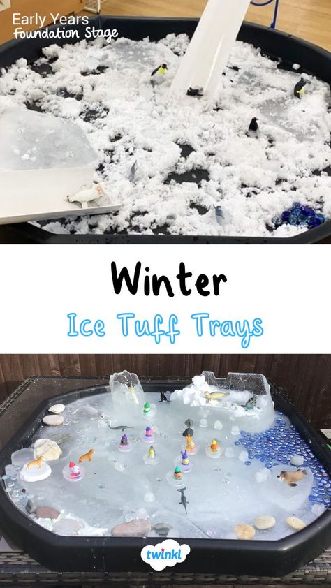 Winter tuff trays means ice play! Click the pin for more winter tuff tray ideas preschool and the potential learning. Special thanks to @mrsvennereyfs Lesley Sellers Artic Tuff Tray, Christmas Water Tray Ideas, Polar Tuff Tray, Winter Tuff Tray Ideas For Babies, Penguin Tuff Tray Ideas, Artic Tuff Tray Ideas, Winter Continuous Provision, Ice Tuff Tray Ideas, Winter Wonderland Tuff Tray