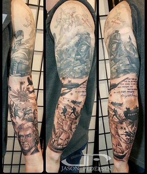 Military Sleeve Tattoo, A Sleeve Tattoo, Naval Battle, Clover Tattoo, Clover Tattoos, Battle Scene, Japanese Sleeve Tattoos, Awesome Tattoos, Medieval Times