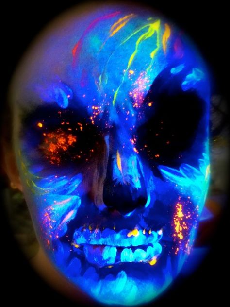 neon makeup black light scary Glow In The Dark Skeleton Makeup, Blacklight Makeup, Black Light Skull Makeup, Scary Neon Clown Makeup, Neon Skull Makeup Halloween, Blacklight Paint, Neon Makeup Glow In The Dark, Black Light Makeup, Space Frog