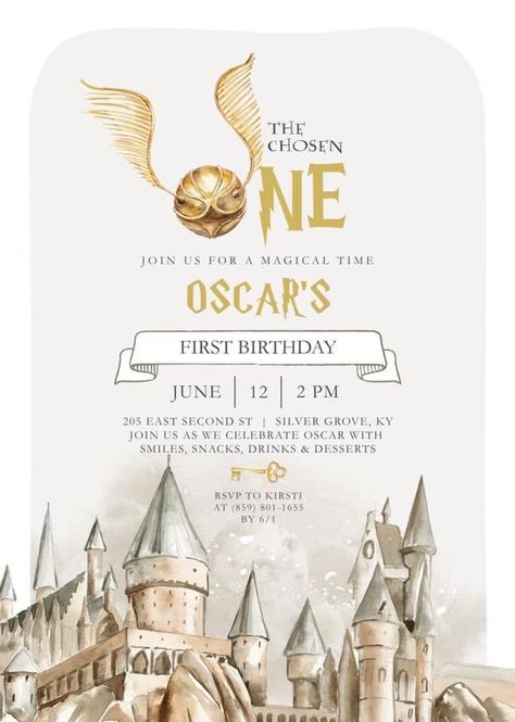 Harry Potter First Birthday Invitations, Harry Potter Theme 1st Birthday, Harry Potter First Birthday Party Ideas, The Chosen One Harry Potter Birthday, Chosen One Birthday Harry Potter, 1st Birthday Harry Potter Theme, Harry Potter Birthday Invite, Chosen One Birthday Party, The Chosen One First Birthday Harry Potter