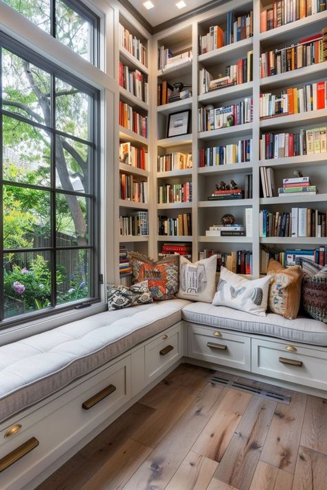 Reading Room Design, Cozy Window Nook, Window Seat Ideas, Built In Bench Seating, Window House, Window Seat Design, Creative Bookshelves, Window Nook, Room Organisation