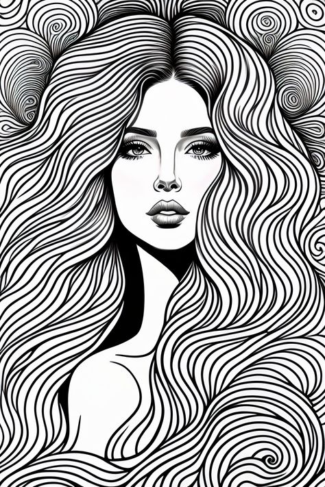 Lexica - A mermaid with long hair. black and white, wavey lines, realistic line art drawing, coloring book page, no noise, crisp thick lines, outline... Pencil Line Art Drawings, Black Outline Drawings, Line Art Hair, Long Hair Black, Art Deco Tattoo, Outline Pictures, Geometric Face, Face Line Drawing, Line Art Drawing