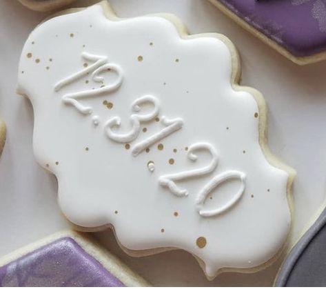 Cookies With Wedding Date, Just Married Cookies Decorated, Easy Wedding Cookies Royal Icing, Wedding Monogram Cookies, White And Gold Engagement Cookies, White And Gold Wedding Cookies, Frosted Wedding Cookies, Classy Wedding Cookies, Mr And Mrs Cookies Decorated