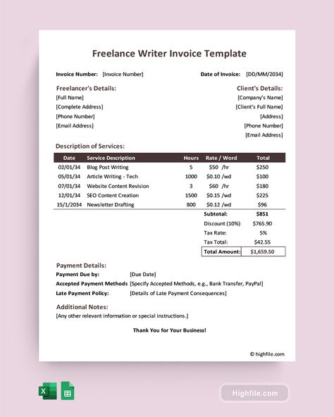 Freelancing Invoice Template - Excel | Google Sheets - Highfile Invoice Layout, Invoice Sample, Invoice Design, Receipt Template, Seo Content, Writing Blog Posts, Freelance Writer, Website Content, Invoice Template