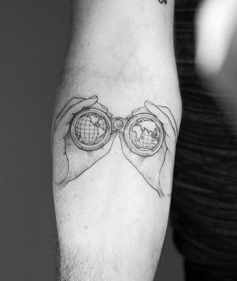 Tattoo Detailed Binoculars Globe Inner Forearm Designs For Men Traveling Tattoos Men, Traveler Tattoo Men, Globe Tattoo Men, Hiking Tattoo For Men, Spyglass Tattoo, Binoculars Tattoo, Family Tattoo Ideas For Men Arm, Travel Tattoo Men, Telescope Tattoo