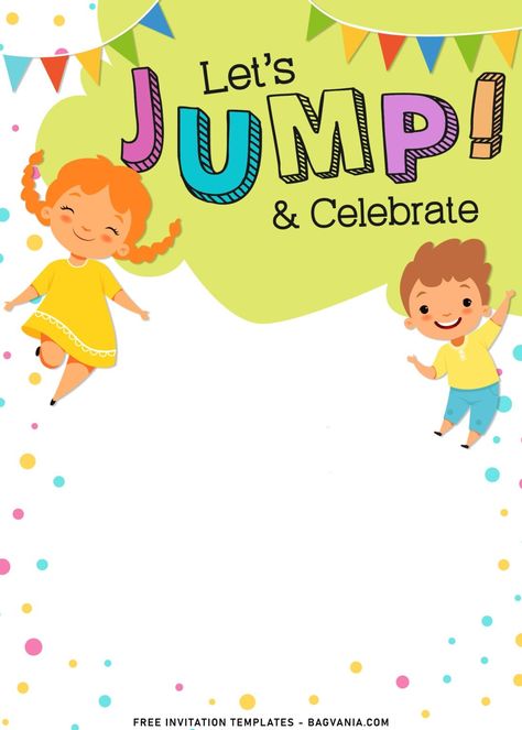 9+ Let’s Jump Party Invitation Templates For Your Kids Next Bash | FREE Printable Birthday Invitation Templates - Bagvania Jump Party Invitations, Easy Party Favors, Create Birthday Invitations, Happy Birthday Invitation Card, Birthday Party Invitations Free, Jump Party, Kids Invitation, Birthday Invitation Card Template, Bday Invitations