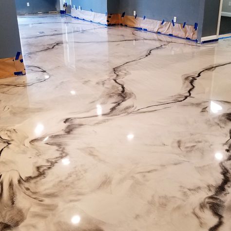 2 color metallic Epoxy floor with urethane top coat. Matte White Epoxy Floor, Matte Epoxy Floors In Home, Metallic Marble Epoxy Floor, Easy Kitchen Backsplash, Metallic Epoxy Floor Basement, Concrete Floors In House, Epoxy Floor 3d, Epoxy Garage Floor Colors Flakes, Epoxy Floor Designs