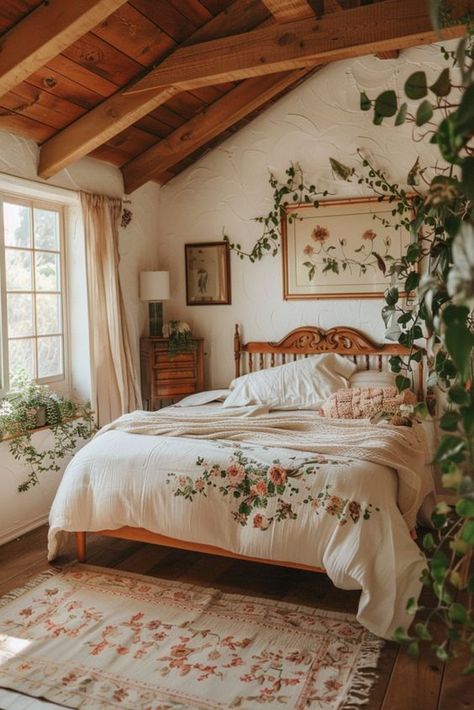 These cottagecore bedroom ideas encompass a cozy and rustic aesthetic, featuring floral patterns, vintage decor, and natural elements. Coed Bedroom Decor, Vintage Farm Bedroom, Vintage Cottage Core Bedroom Ideas, Floral Vintage Bedroom, Cozy Treehouse Interior, Colors To Paint Bedroom Furniture, Vintage Floral Room Aesthetic, Vintage Aesthetic House Decor, Simple Country Bedroom