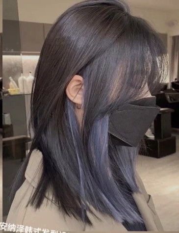 Ash Blue Peekaboo Hair, Ashy Blue Highlights, Hair Dye Ideas For Long Black Hair, Ash Blue Highlights On Black Hair, Blue Gray Highlights On Dark Hair, Types Of Ways To Dye Hair, Dark Dyed Hair Ideas, Hair Dye For Indian Skin Tone, Silver Blue Peekaboo Hair