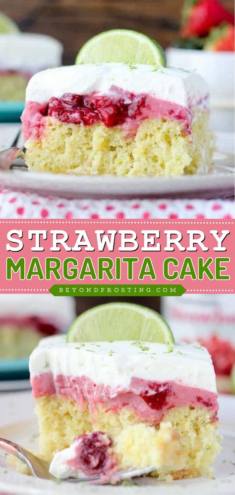 A must-try summer dessert recipe for Strawberry Margarita Cake! Combined with lime, tequila, plus a layer of strawberry mousse, this margarita poke cake is an easy spring treat everyone will enjoy. Put it on your Cinco de Mayo party ideas! Margarita Poke Cake, Strawberry Margarita Cake, Margarita Cake Recipe, Margarita Mix Recipe, Cinco De Mayo Party Ideas, Margarita Cake, Lime Desserts, Strawberry Dessert Recipes, Strawberry Mousse