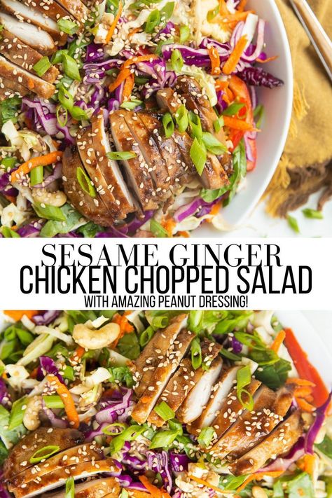 Sesame Ginger Chicken Salad recipe with marinated Asian chicken, cabbage, spinach, carrot, cashews, dried cranberries, a delicious peanut dressing, and more! This healthy chicken salad is loaded with nutrients, flavor, and yummy textures. #salad #chicken #cabbage #dinner #healthy #glutenfree Asian Cashew Chicken, Ginger Chicken Salad, Sesame Chicken Salad Recipe, Easy Asian Salad, Sesame Ginger Chicken, Asian Chicken Salad Recipe, Chicken Salad Bowls, Asian Cabbage Salad, Roasted Chicken Salad