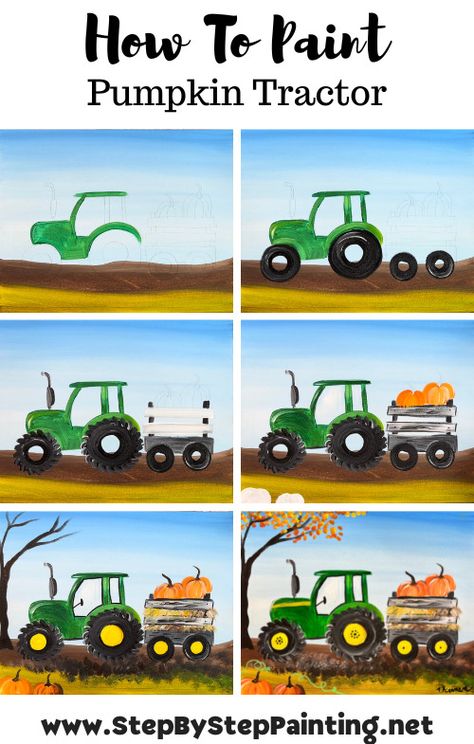 Pumpkin Tractor - Members Exclusive Painting Tutorial Fall Truck Paintings On Canvas, How To Paint A Tractor, Tractor Acrylic Painting, Tractor Art Painting, Fall Beginner Painting, Farm Canvas Painting Easy, Tractor Painting Canvas Easy, Easy Tractor Drawing, Tractor Painting Easy