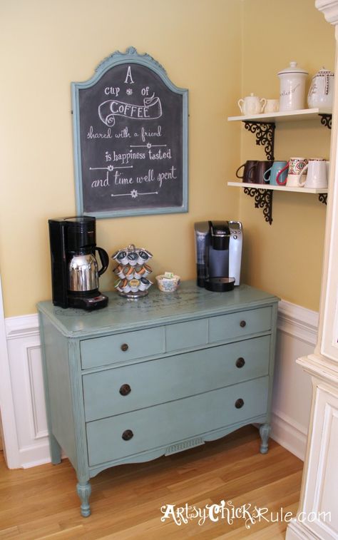 “Coffee Bar” Server w/Shelves --- Old Antique Dresser to Coffee Bar. (with Annie Sloan Chalk Paint & Graphics) Kaffe Station, Coffee Nook, Home Coffee Bar, Tea Bar, Coffee Corner, Old Dressers, Home Goods Decor, Coffee Station, Cafe Bar