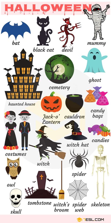 Halloween Vocabulary, English Talk, Vocabulary In English, Halloween Worksheets, Halloween Words, Learning English For Kids, Kids English, English Vocab, English Verbs