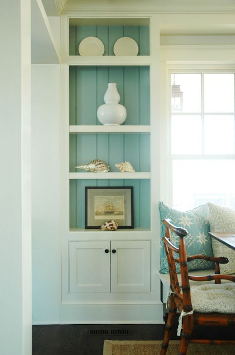 Built in, bead board backed bookcase, aqua blue, reading nook Dining Room Built In Cabinets, Dining Room Built Ins, Dining Room Built In, Cottage Dining Rooms, House Of Turquoise, Beach House Interior, Beach Cottage Style, Coastal Interiors, Built In Cabinets