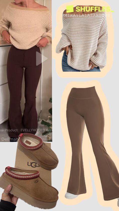 Brown Flared Leggings Outfit, Brown Flare Leggings Outfit, Brown Flared Leggings, Ugg Slippers Outfit, Flare Leggings Outfit, Slippers Outfit, Slippers Cute, Brown Flares, Brown Leggings