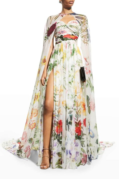 B73TD Oscar de la Renta Floral-Print Strapless Twist Chiffon Gown w/ Cape Designer Evening Gowns, Silk Gown, Women's Evening Dresses, Chiffon Gown, Lace Gown, Floral Chiffon, Guest Outfit, Beautiful Gowns, Bergdorf Goodman