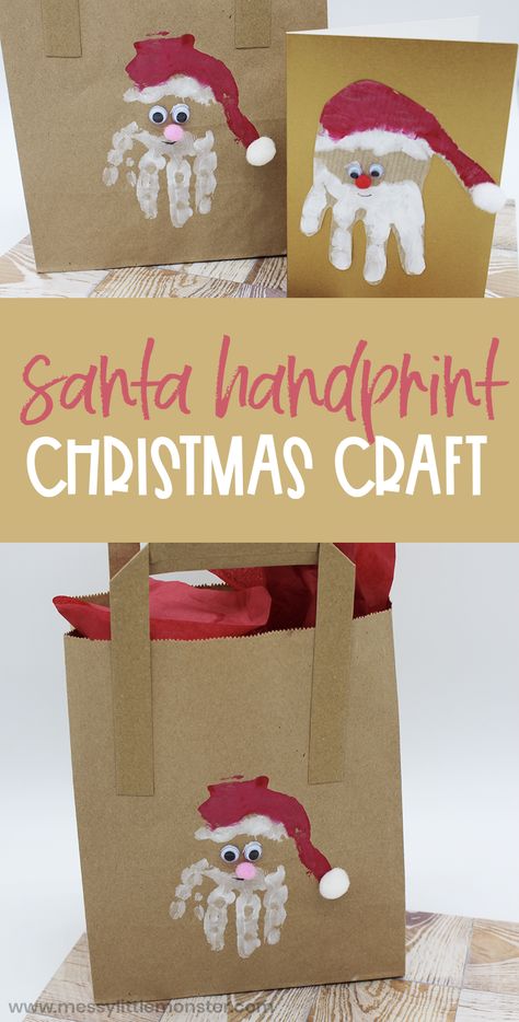 If you're looking for a fun Santa craft that doubles as a homemade Christmas gift, you're going to love this handprint Santa craft! Santa handprint ca Handprint Santa, Santa Handprint Ornament, Santa Handprint, Santa Craft, Christmas Handprint Crafts, Homemade Christmas Gift, Handprint Gifts, Handprint Ornaments, Art Activities For Toddlers