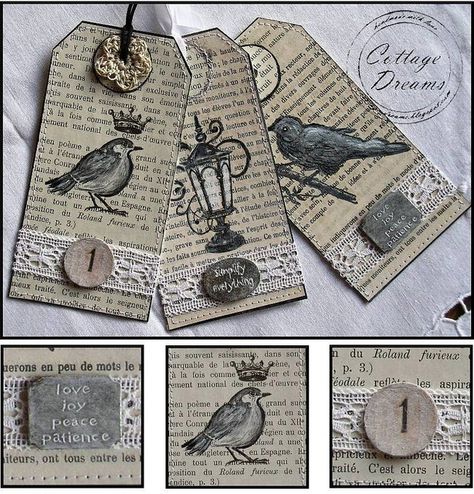 Bird Tags Stary Papier, Scrapbook Tags, Tag Cards, Old Book Crafts, Artist Trading Card, Book Page Crafts, Mixed Media Tags, Scrapbook Tag, Handmade Gift Tags