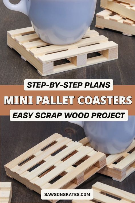 Transform scrap wood into mini pallet coasters with this step-by-step plan and protect your furniture from ugly water stains! Dollar Tree Pallet Coasters, Pallet Coasters Diy, Woodworking Smalls, Homemade Coaster, Mini Pallet Ideas, Wood Coasters Diy, Woodworking Tricks, Mini Pallet Coasters, 2x4 Wood Projects