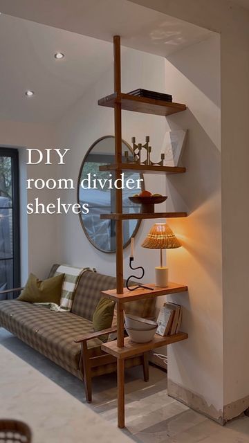 Diy Mcm Room Divider, Living Room Divider Shelves, Shelves As Room Divider, Living Room Divider Ideas Small Spaces, Shelf Wall Divider, Shelf Room Divider Ideas, Full Wall Shelf, Stairs Divider, Kitchen And Living Room Divider Ideas