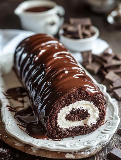 Choco Swiss Roll Delight  🇨🇭  𝗜𝗻𝗴𝗿𝗲𝗱𝗶𝗲𝗻𝘁𝘀 🇨🇭  For the Cake: 1/2 cup all-purpose flour 1/2 cup unsweetened cocoa powder 1 teaspoon baking powder 1/4 teaspoon salt 3 large eggs 1/2 cup granulated sugar 1/4 cup vegetable oil 1 teaspoon vanilla extract For the Filling: 1 cup heavy cream 1/4 cup powdered sugar 1/2 teaspoon vanilla extract 1/2 cup chocolate ganache (store-bought or homemade) For Ganache Topping: 1/2 cup heavy cream 4 oz semi-sweet chocolate, chopped 1 tablespoon butter Chocolate Swiss Roll, Unsweetened Cocoa Powder, Chocolate Roll, Chocolate Heaven, Mousse Recipes, Swiss Roll, Roll Cake, Chocolate Craving, Sweet Chocolate