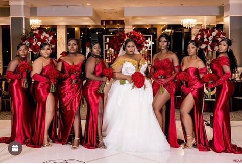 Red Bridesmaid Dresses Black Women, Red And Green Wedding Theme, Red Bridal Party, Pantora Bridal, Jazz Wedding, Travis Wedding, Real Bridesmaids, Reception Planning, Bridal Planner