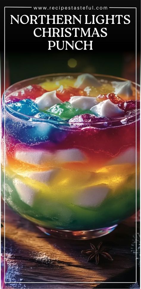 This festive punch is as vibrant as the Northern Lights, featuring a mesmerizing mix of blue, white, and red layers, complemented by refreshing lime sherbet and fizzy soda. It's perfect for holiday parties, family gatherings, and celebrating the season in style! Northern Lights Drink Recipe, Christmas Punch Recipes With Sherbet, Northern Lights Christmas Punch, Northern Lights Glow Punch, Northern Lights Drink, New Year’s Eve Drink Ideas Kids, Snow Punch Recipe, Rainbow Drinks For Kids, Christmas Water Recipes