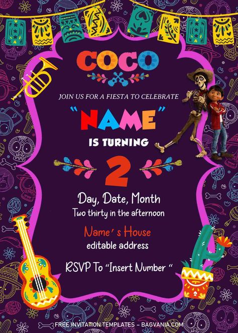 Get Coco Pixar Birthday Invitation Templates - Editable With MS Word #free #freeinvitation2019 #birthday #disney #invitations #invitationtemplates Coco Themed Birthday Party Invitations, Coco Birthday Invitations, Coco Invitations, Pixar Birthday, Birthday Invitation Card Online, Coco Birthday, Coco Disney, Disney Cards, Free Printable Birthday Invitations