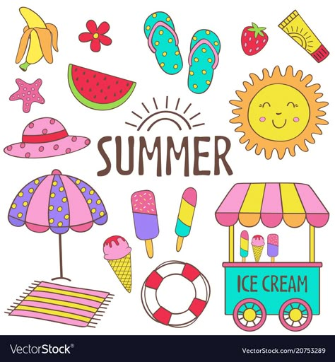 Drawing Of Summer Season, Fun Summer Drawings, Summer Clipart For Kids, How To Draw Summer, Summer Cartoon Drawings, Summer Theme Drawing, Summer Season Drawing For Kids, Summer Drawing For Kids, Summer Things To Draw