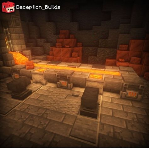 Minecraft Automatic Furnace, Minecraft Black Smith Interior, Minecraft Forge Room Ideas, Minecraft Abandoned Mine, Minecraft Nether Shop Ideas, Blast Furnace Minecraft Design, Minecraft Furnace Room Design, Minecraft Vault Interior, Minecraft Man Cave