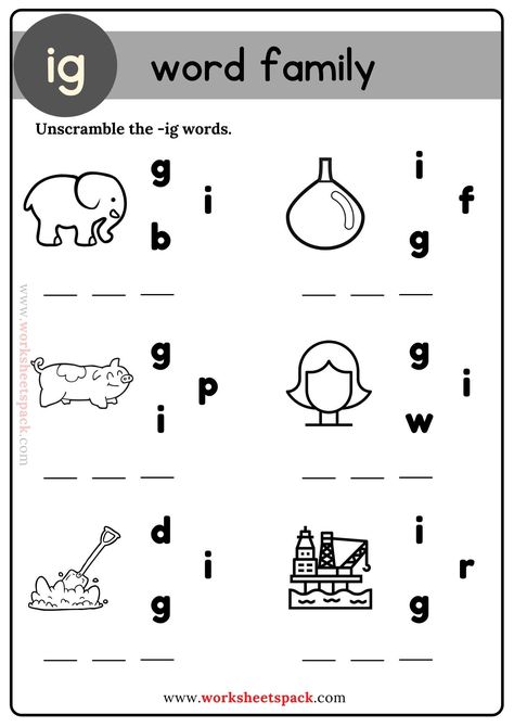 Ig Word Family Unscramble the Words - worksheetspack Ig Family Words Worksheet, Ig Word Family Worksheet, Ig Words Worksheet, In Family Words Worksheets, Family Exercises, Ig Word Family, Words Worksheets For Kindergarten, Phonics Worksheets Free, Cvc Worksheets