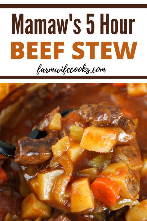 Mamaw's 5 Hour Beef Stew is an old fashioned, thick, beef stew recipe that easy is to make and a family favorite! Five Hour Beef Stew, Beef Stew With V8 Juice, Christmas Beef Stew, Crockpot Beef Stew With Tapioca, 5 Hour Stew With Tapioca, 5 Hour Beef Stew, 5 Hour Beef Stew With Tapioca, Oven Beef Stew Easy, Baked Stew