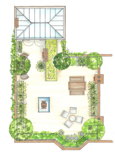 Roof Landscape Design Plan, Terrace Garden Plan Layout, Landscape Design Rooftop, Roof Terrace Landscape Design, Green Roof Terrace, Roof Garden Plan Design, Roof Garden Design Architecture, Terrace Gardening Ideas, Terrace Design Plan