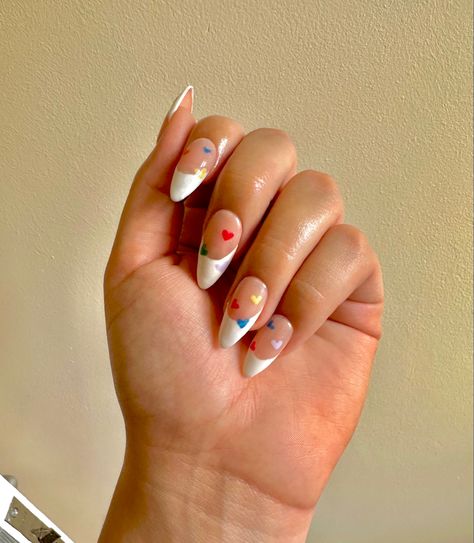 Pride Heart Nails, Pride Nails Subtle, Subtle Pride Nails Short, Rainbow Heart Nails, Subtle Pride Nails, Heart French Tip, Nails Ideas Short, Pride Nail, White French Tips