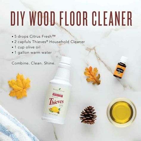 DUY Wood Floor Cleaner by Young Living. Have great smelling floor that are actually clean! Why use chemical that are bad for your family when you could be using these today? Try today because they are worth it. Diy Wood Floor Cleaner, Flooring Diy, Wood Floor Cleaner, Thieves Household Cleaner, Thieves Essential Oil, Young Living Essential Oils Recipes, Essential Oils Cleaning, Diy Essentials, Yl Essential Oils