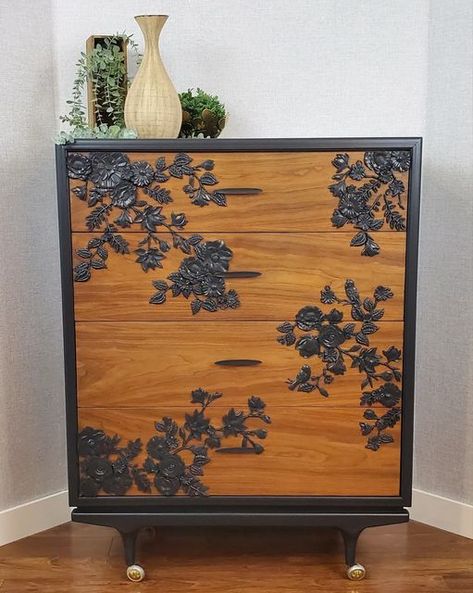 Three Birds Abode on Instagram: "Sold! 😊 This dazzling dresser has been turned into a piece of art! Refinished in Ash by Fusion Mineral Paint and Special Walnut stain, a stunning contrast is created between the hand-placed resin flowers and the drawer fronts. The original hardware and casters have been updated to maintain the style of the original piece. If you're looking for a one-of-a-kind statement piece for your entryway or bedroom, you've found it! 47.5" tall, 36" wide, 18" deep ... #fu Furniture Makeover Inspiration, Special Walnut Stain, Furniture Remodeling, Designing Ideas, Three Birds, Diy Furniture Renovation, Fusion Mineral Paint, Furniture Renovation, Creative Furniture