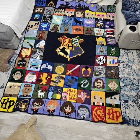 FINISHED HARRY POTTER AFGHAN (GRAPHGAN) BLANKET #1. 88 SQUARES. APPROX SIZE IS 96"×72" (8'H X 6'W). ALL PATTERNS WERE AQUIRED ONLINE FOR FREE. MODIFIED SOME AND MADE SOME MYSELF. Harry Potter Granny Square Blanket, Harry Potter Crochet Granny Square, Harry Potter Granny Square, Crochet Harry Potter Blanket, Harry Potter Crochet Blanket, Crochet Harry Potter, Harry Potter Blanket, Harry Potter Crochet, Character Blankets