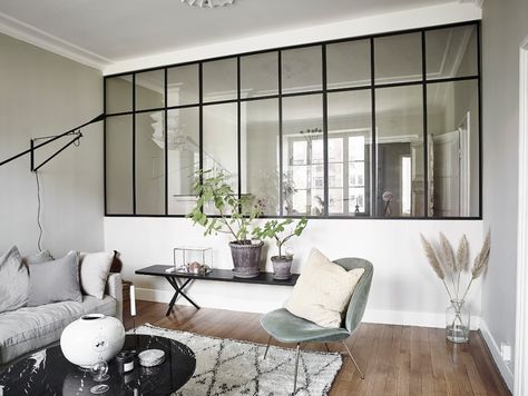 Scandi Apartment, Divider Room, Glass Partition Designs, Framed Windows, Dreamy Space, Glass Room Divider, Minimalist Living Room Decor, Minimal Furniture, Glass Room