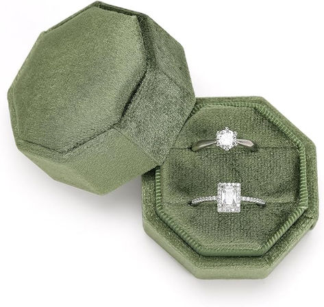 Olive Green Ring Box | Green velvet, octagon shape, holds 2 rings. Olive green wedding items, where to shop for ring boxes, where to find wedding items, shop wedding items online. Green Ring Box, Olive Green Wedding, Olive Green Weddings, Olive Wedding, Green Wedding Inspiration, Velvet Ring, Ring Boxes, Green Ring, Wedding Items