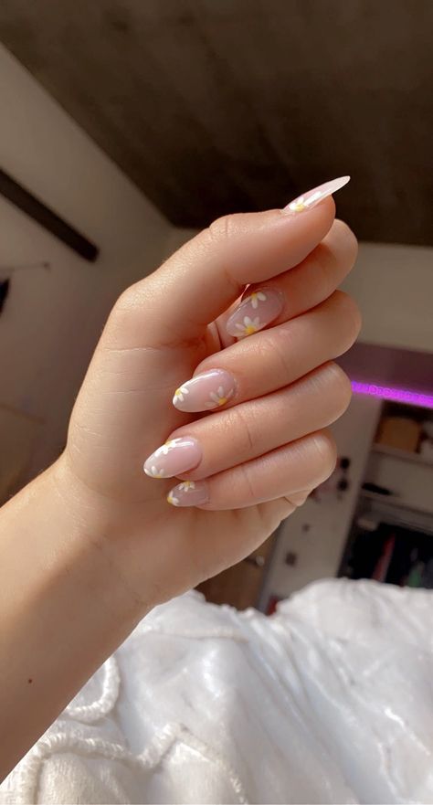 Clear Nails White Flowers, Oval Daisy Nails, Small Daisy Nails, Clear Nails With Daisies, Clear Nails White Design, Clear Daisy Nails, French Tip Nails With Daisy Design, Square Daisy Nails, Almond Daisy Nails