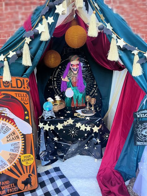 Halloween Fortune Teller Booth, Fortune Teller Halloween Decorations, Fortune Teller Trunk Or Treat Ideas, Fortune Teller Decorations Ideas, Fortune Teller Trunk Or Treat, Fortune Teller Party, Fortune Teller Booth, Fortune Teller Halloween, Halloween Car Decorations