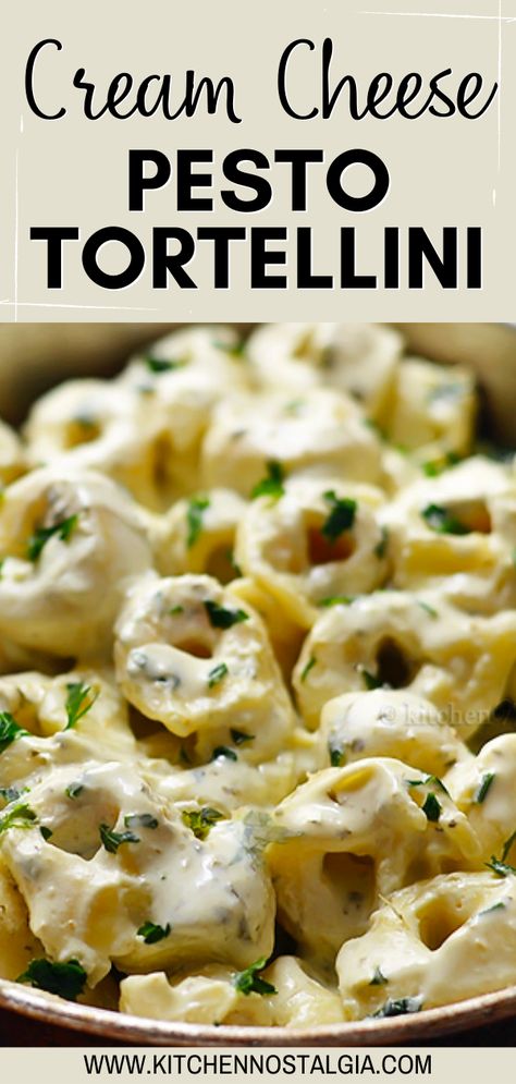 This Cream Cheese Pesto Pasta dish only requires three ingredients and will be on your table in just about five minutes! The creamy pesto sauce pairs perfectly with the pasta, and makes for a delicious and easy meal. This dish is perfect for a quick and easy weeknight meal. Cream Cheese Pesto Pasta, Cheese Pesto Pasta, Recipes Using Pesto, Easy Tortellini Recipes, Pesto Pasta Dishes, Cheese Tortellini Recipes, Healthy Cream Cheese, Kitchen Nostalgia, Pesto Sauce Recipe