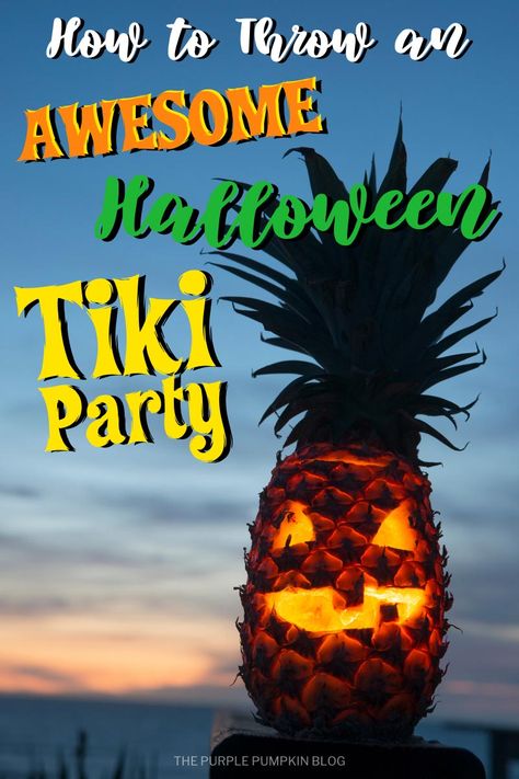 If you are looking for a fun and different Halloween party theme, then why not a Halloween Tiki Party? Take a classic Hawaiian theme and give it a spooky twist with skeletons, pineapple Jack-o'-Lanterns, tropical cocktails and party food, Hawaiian shirts, grass skirts, and tiki statues! This guide has all you need to throw an awesome Hawaiian Tiki party for Halloween! #HalloweenTikiParty #HalloweenLuau #ThePurplePumpkinBlog #HalloweenPartyIdeas #Luau #Tiki Pineapple Jack O Lantern, Outdoor Luau Decorations, Creepy Tiki Party, Tropical Halloween Decor, Villain Halloween Party, Spooky Luau, Haunted Luau, Summer Halloween Party, Tiki Party Ideas