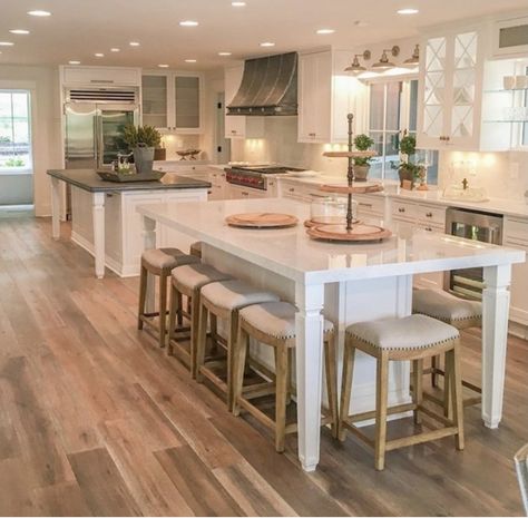 Kitchens With 2 Island, Kitchen Layout Ideas With Double Island, Super Long Kitchen Island, Double Island Kitchen Layout Side By Side, Double Island With Seating, Large Pantry With Island, Long Island With Table Attached, Kitchen Island Next To Dining Table, Extra Long Island Kitchen