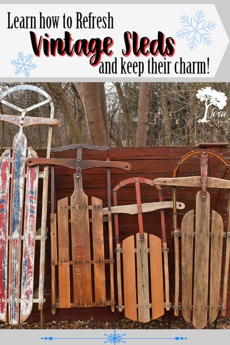 Expert tips for how to refresh vintage runner sleds so you can use them for your wintertime home decor. Decorating With Sleds For Christmas, Decorate Old Sled For Christmas, Decorate Sled For Christmas Porch Ideas, Old Sled Decor, Porch Sled Decoration, Christmas Decorations Using Old Sleds, Decorating Old Sleds, Vintage Sled Porch Decor, Old Sled Christmas Decor Porch Ideas